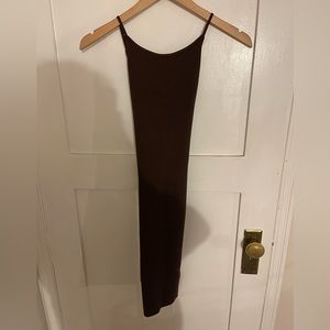 Coffee brown ribbed babaton high neck bodycon dress